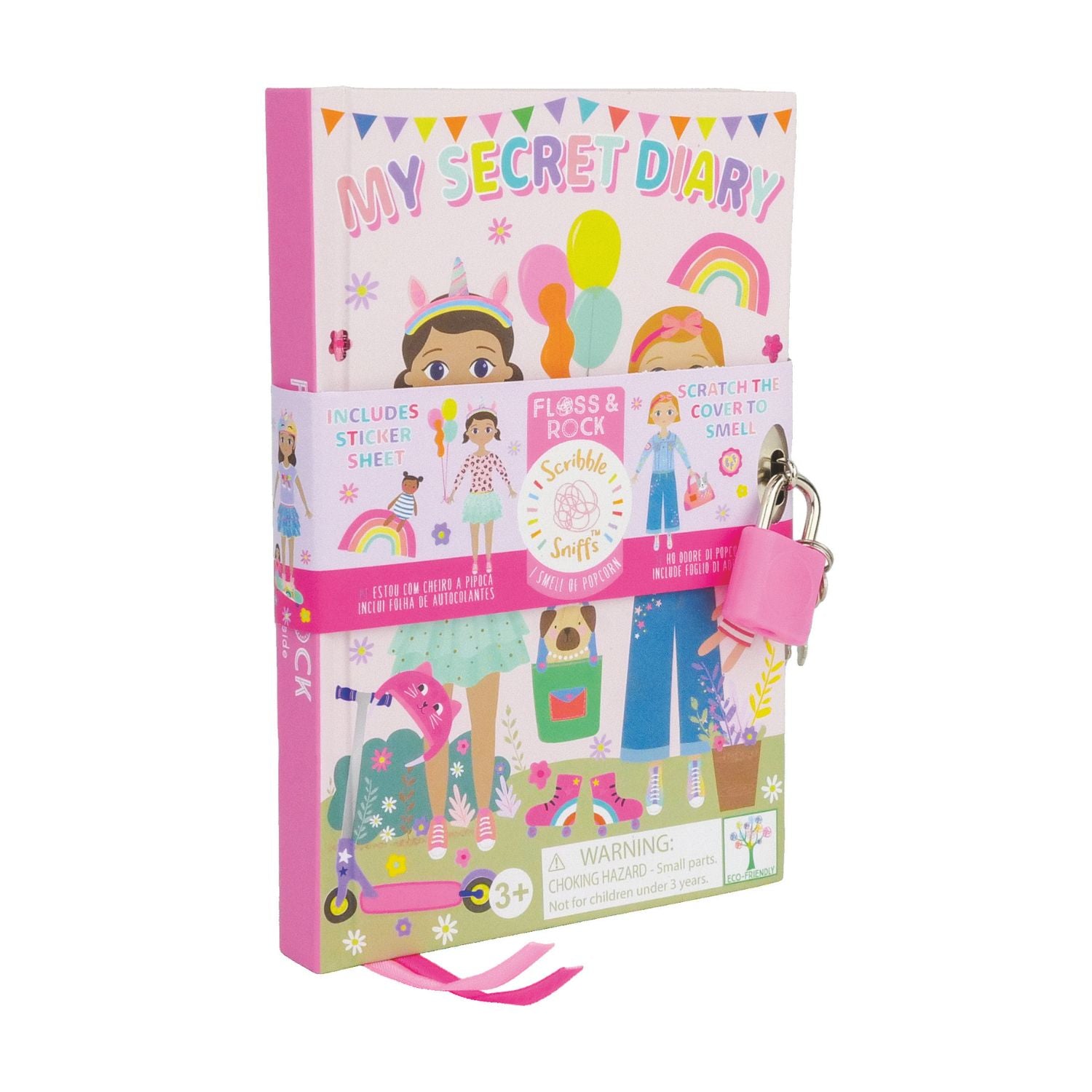 A colorful children's diary titled 'My Scented Secret Diary' with illustrations of dolls and a scratch and sniff cover, accompanied by a padlock and key, and a sticker sheet.