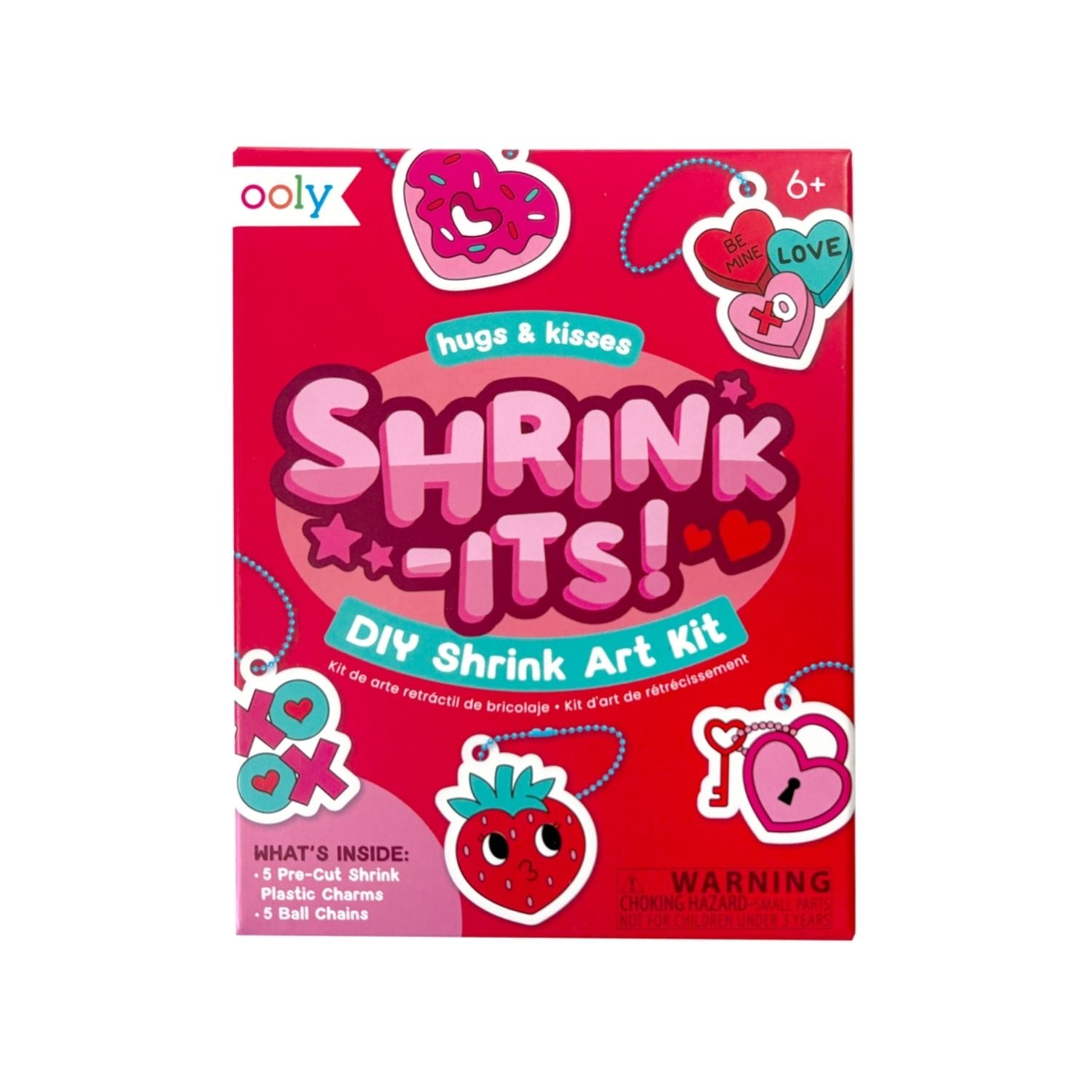 The Mini Shrink-Its! Hugs & Kisses Kit in its "bite-sized" pink and red box, displayed with the five pre-printed shrink sheets and colourful ball chains.