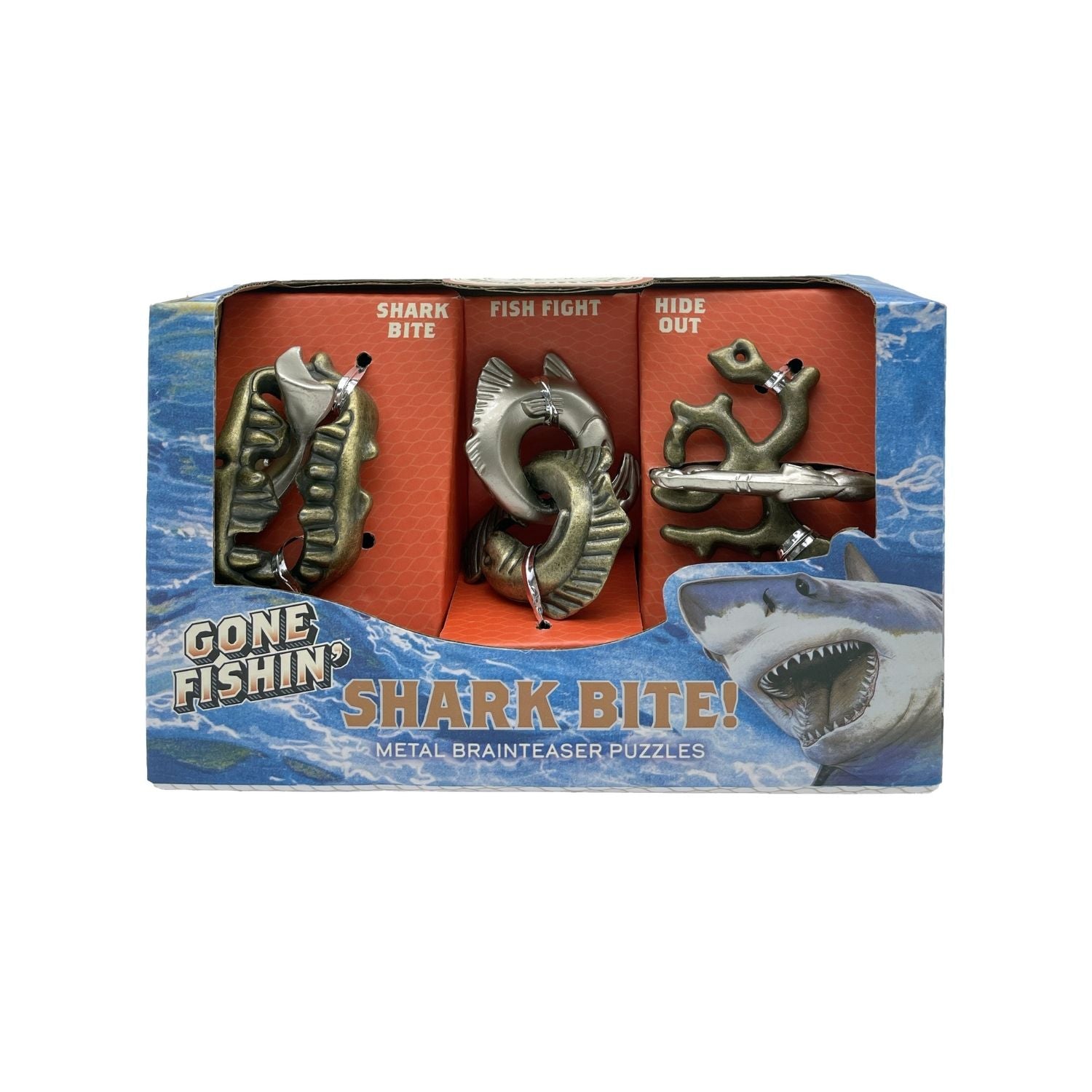 The Gone Fishin’ Shark Bite puzzle set in its sea-themed box, showcasing the three distinct silver-toned metal puzzles inside.