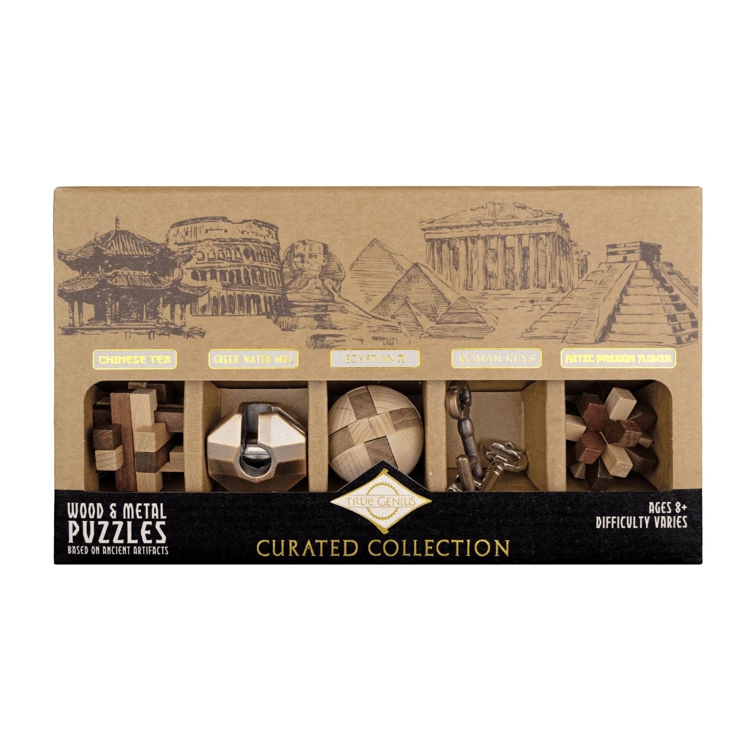 Box of wood and metal puzzles inspired by ancient artifacts. A historical brainteaser collection for ages eight and up. Master five disassembly puzzles inspired by world cultures. Difficulty levels vary for all skills.