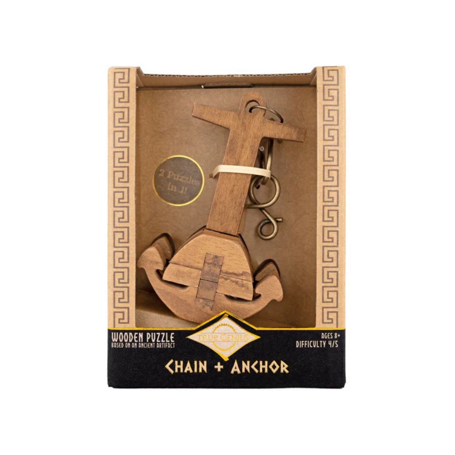 Anchor and Chain puzzle set, showing the interlocking wooden anchor next to the heavy-duty metal disentanglement puzzle.