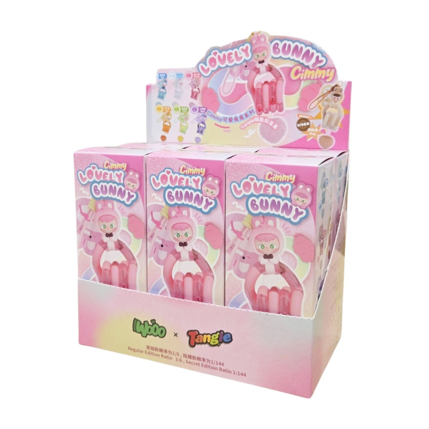 he Tangle x Cimmy Lovely Bunny Series blind box standing upright, showcasing the premium HIDDENWOOO designer art collaboration branding and pastel graphics.