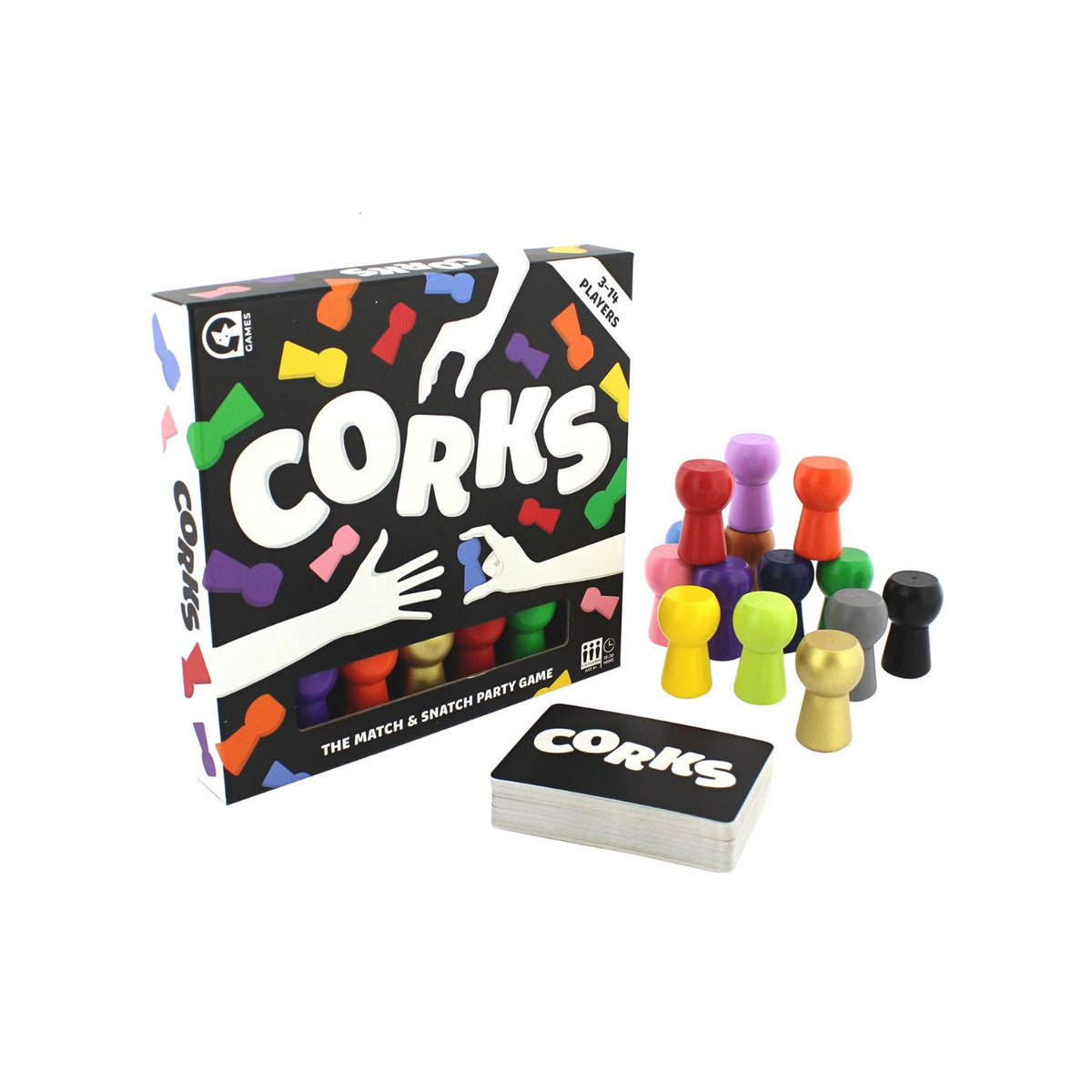 Board game &#39;Corks&#39; with colorful corks and game box on a white background