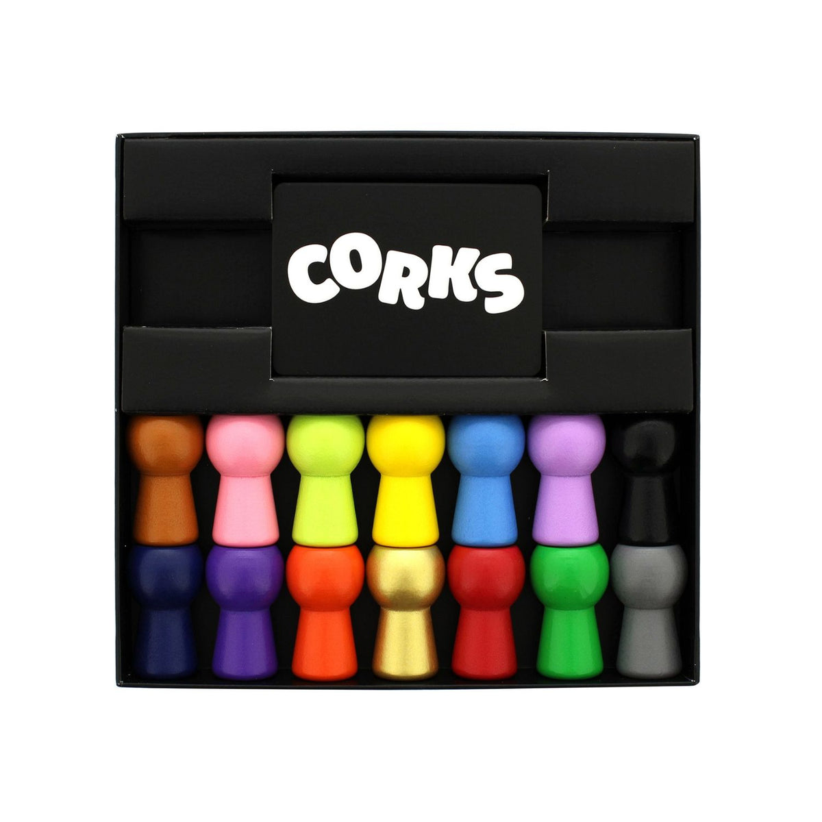Set of colorful bottle caps in a black box with &#39;Corks&#39; branding.