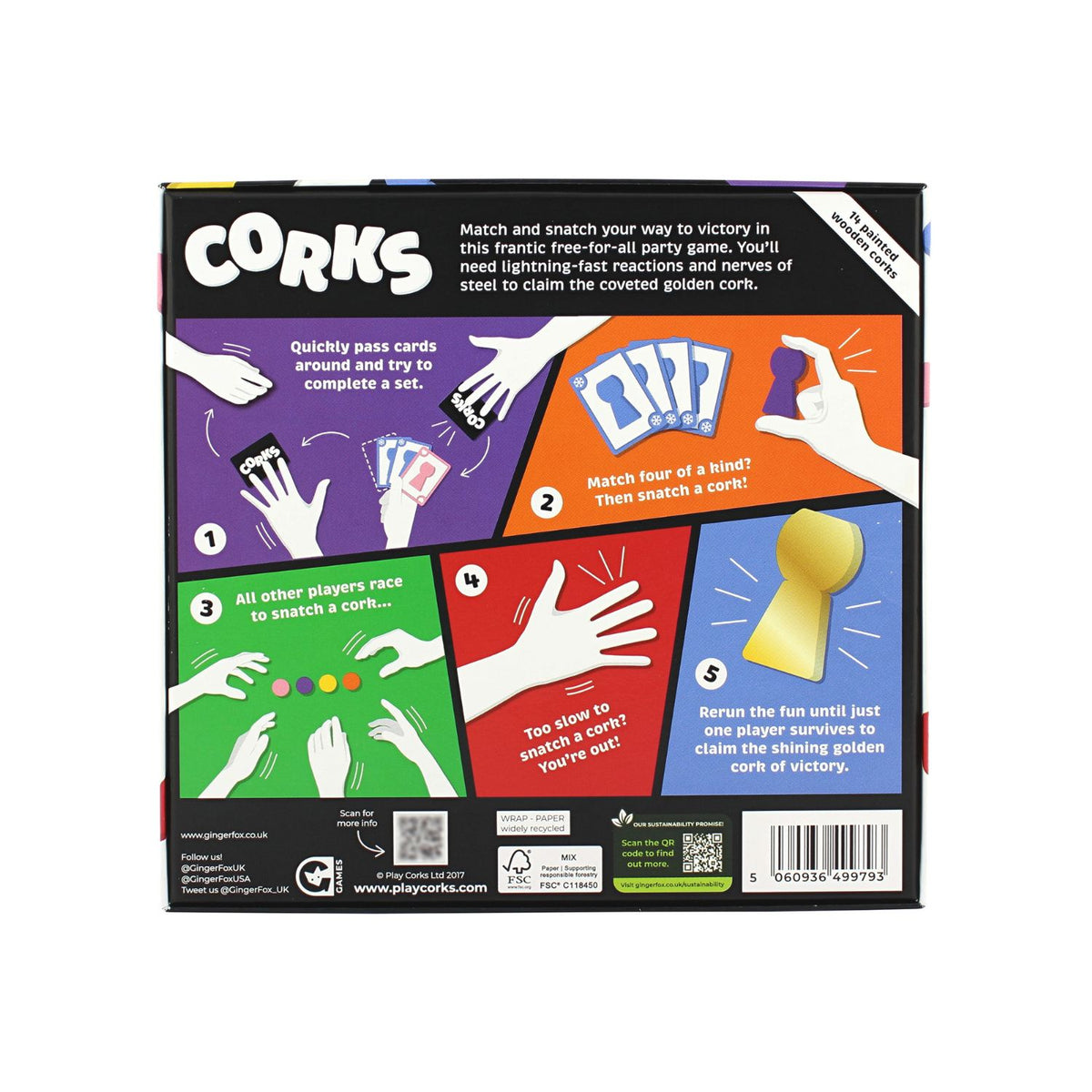 Board game box for &#39;Corks&#39; with colorful graphics and text on a white background