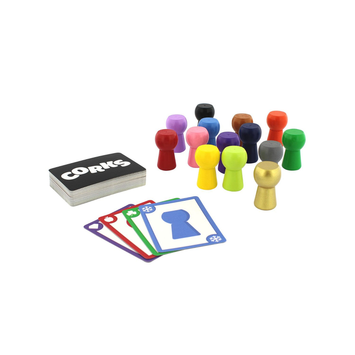 Board game components including cards and colored game pieces on a white background