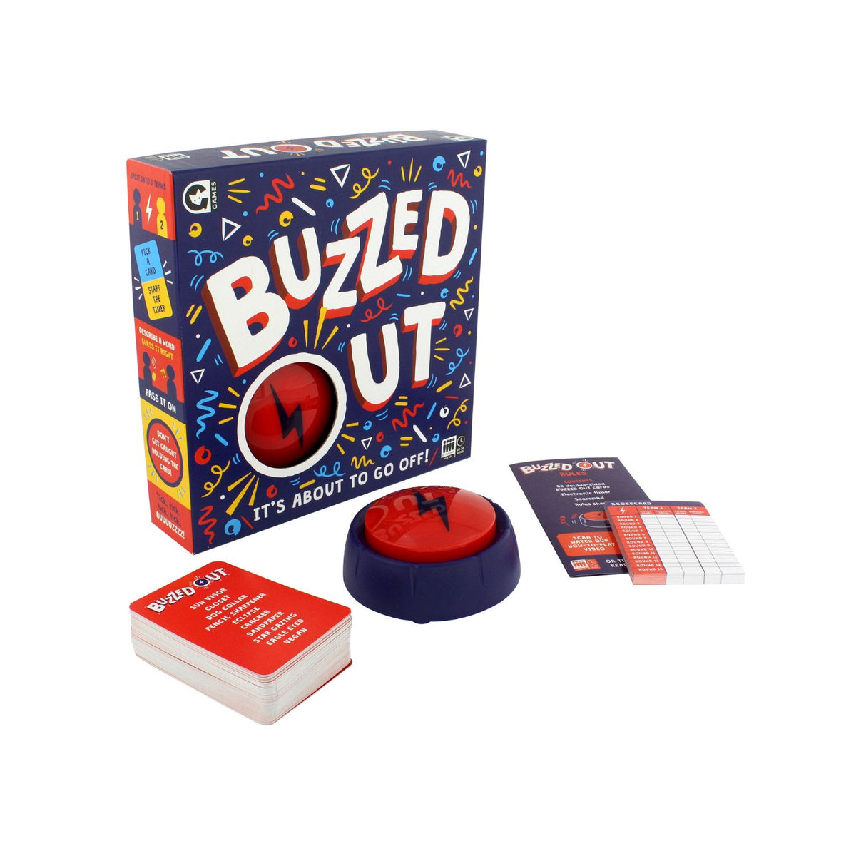Buzzed Out game set with packaging, buzzers, and cards on a white background