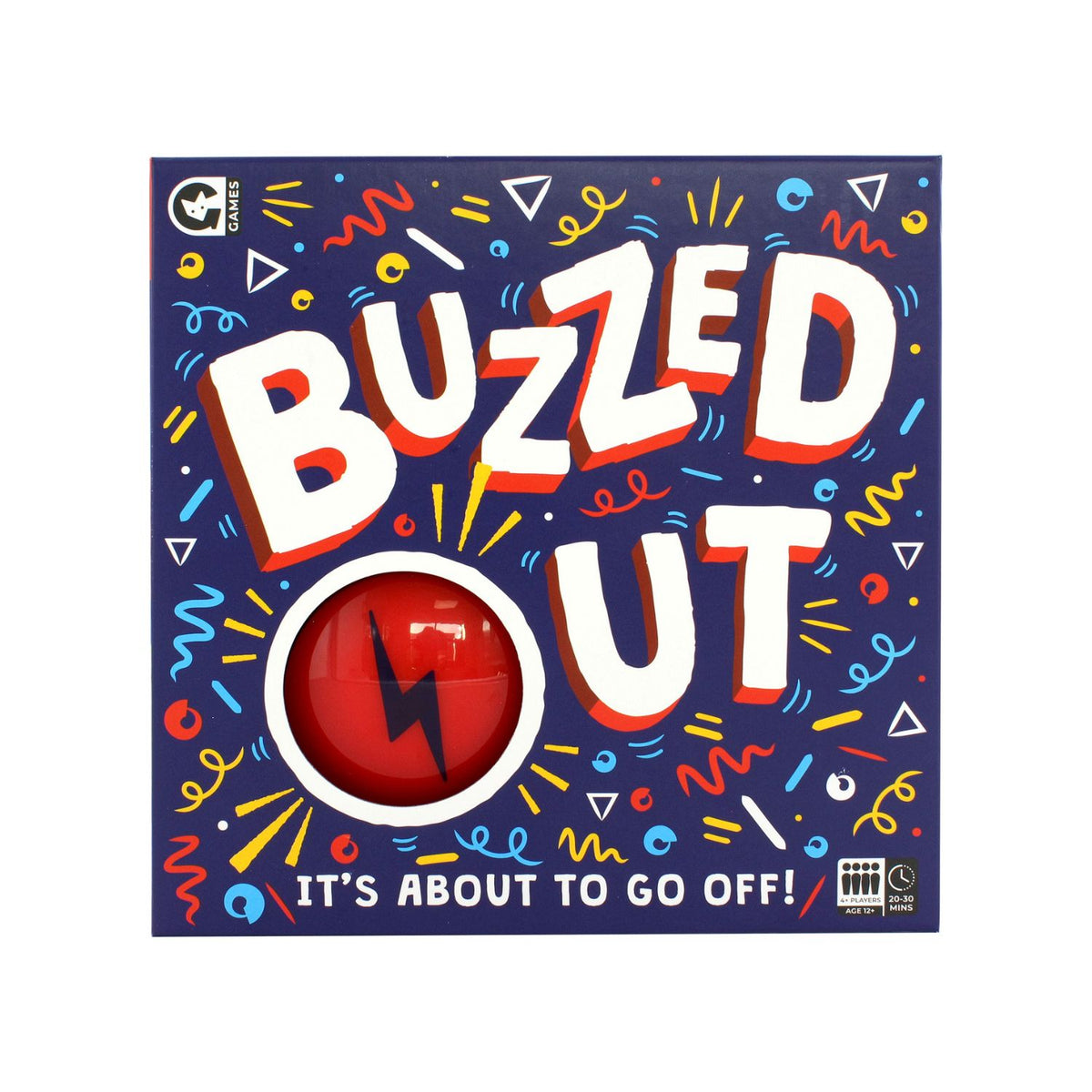 Board game box for &#39;Buzzed Out&#39; with colorful text and a red circle with a lightning bolt on a blue background.