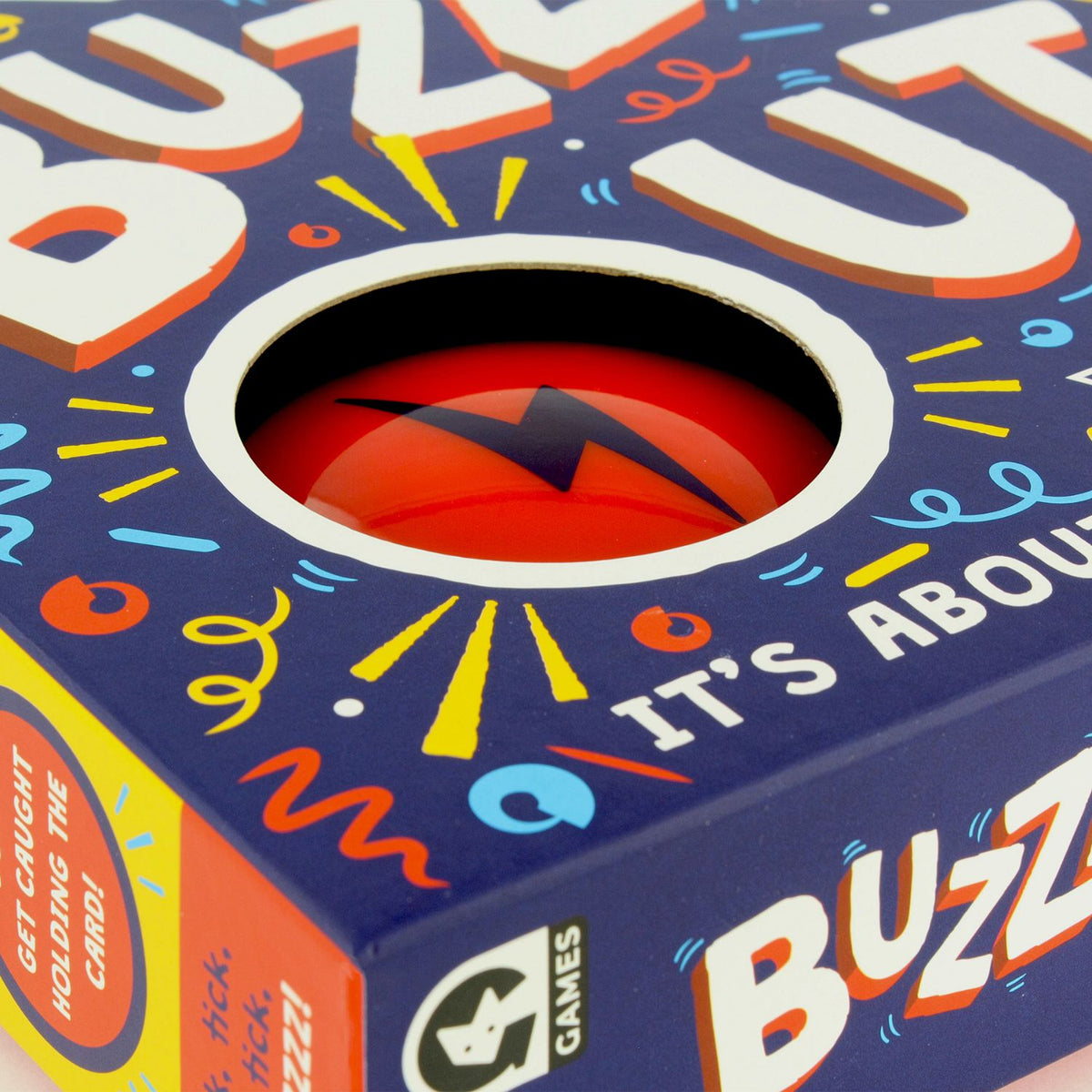 Close-up of a Buzz Out! game box with colorful text and design.