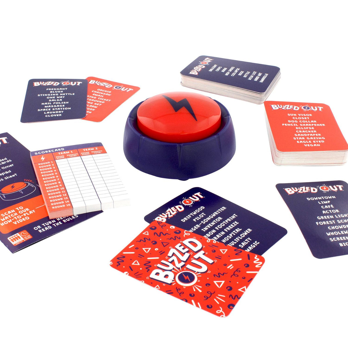 Game set with a red button and cards on a white background