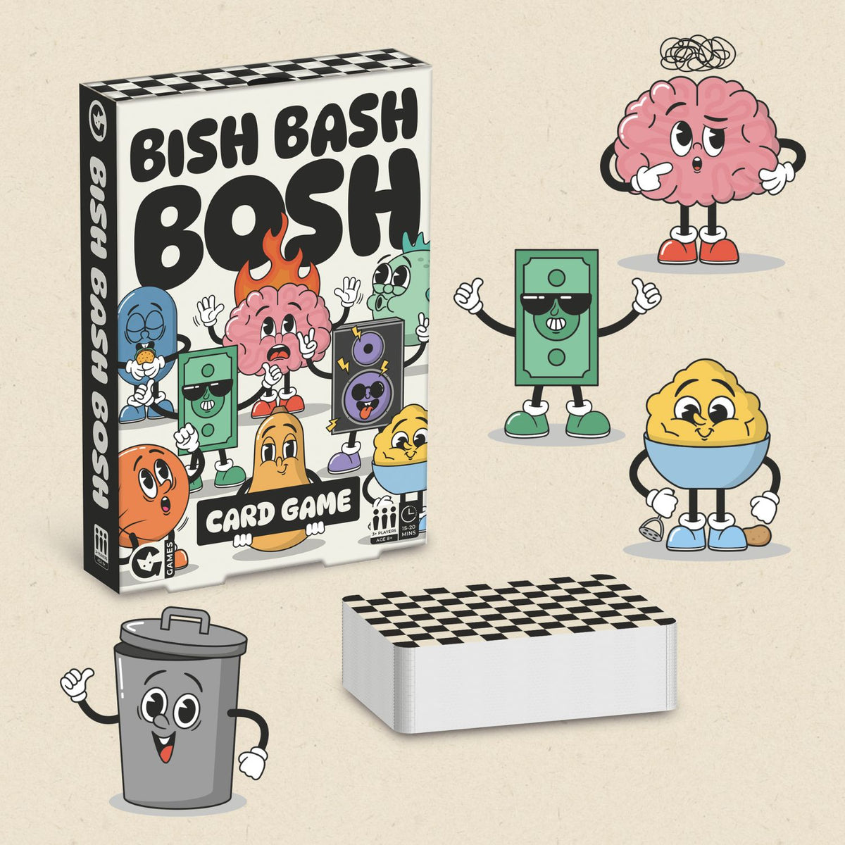 Bash Bash Bosh card game packaging with cartoon character figures on a beige background