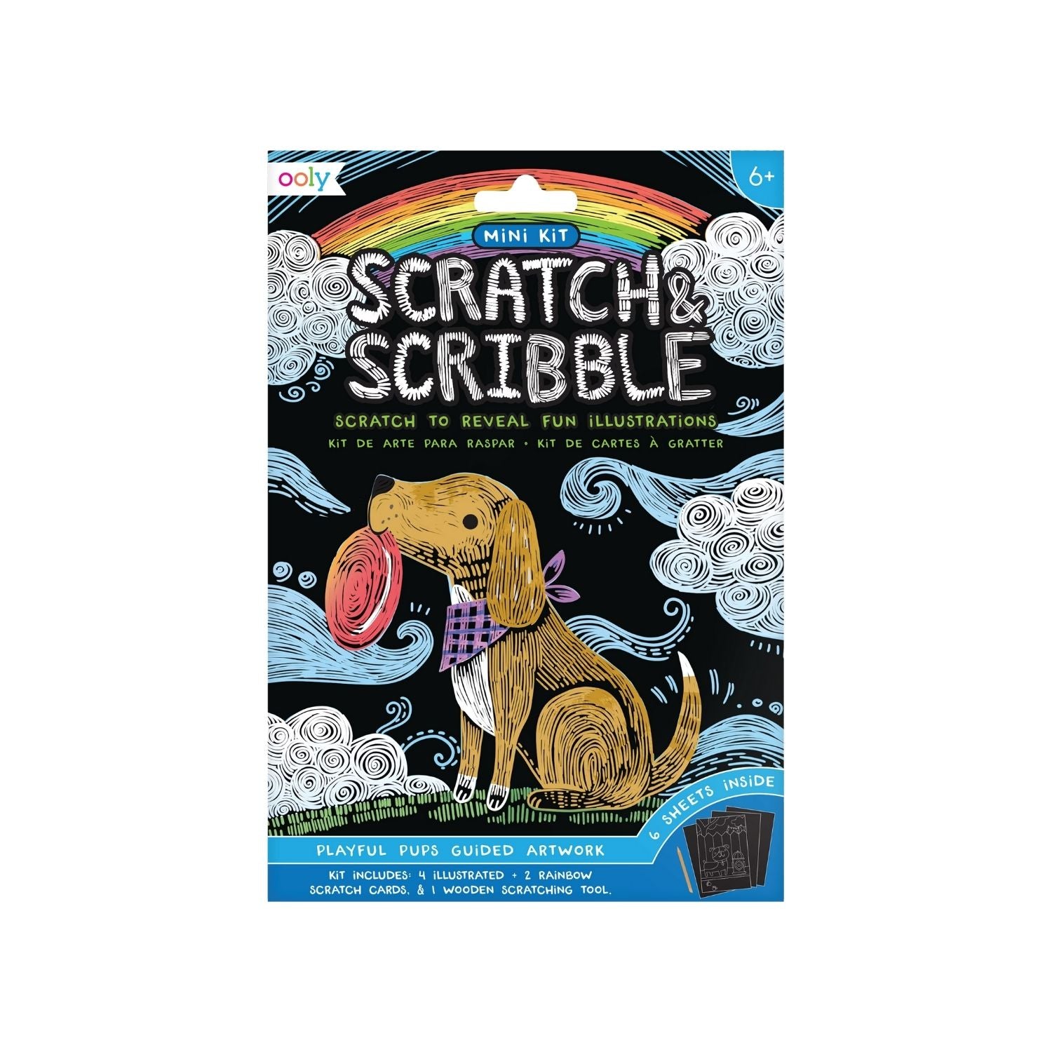Packaging for a Mini Scratch & Scribble Art Kit featuring playful puppies, including scratch cards and a wooden scratching tool.