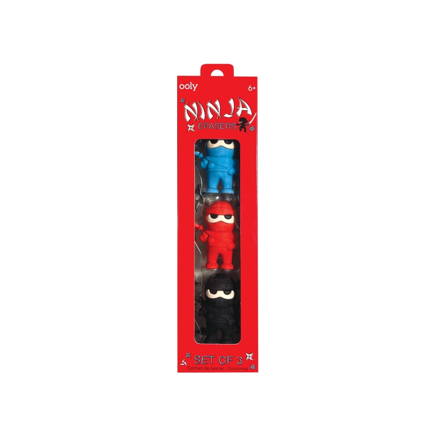A set of three ninja-themed erasers in blue, red, and black colors packaged in a red box with a clear plastic window displaying the items.