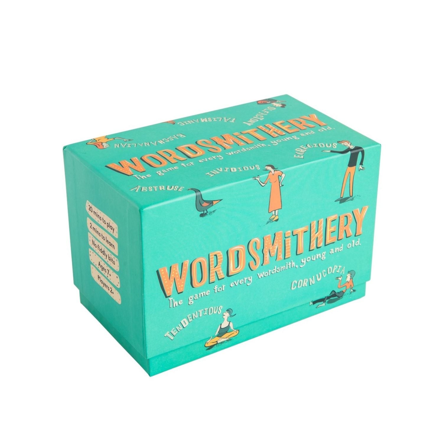 Teal box of 'Wordsmithery' game with colorful text and illustrations on a white background