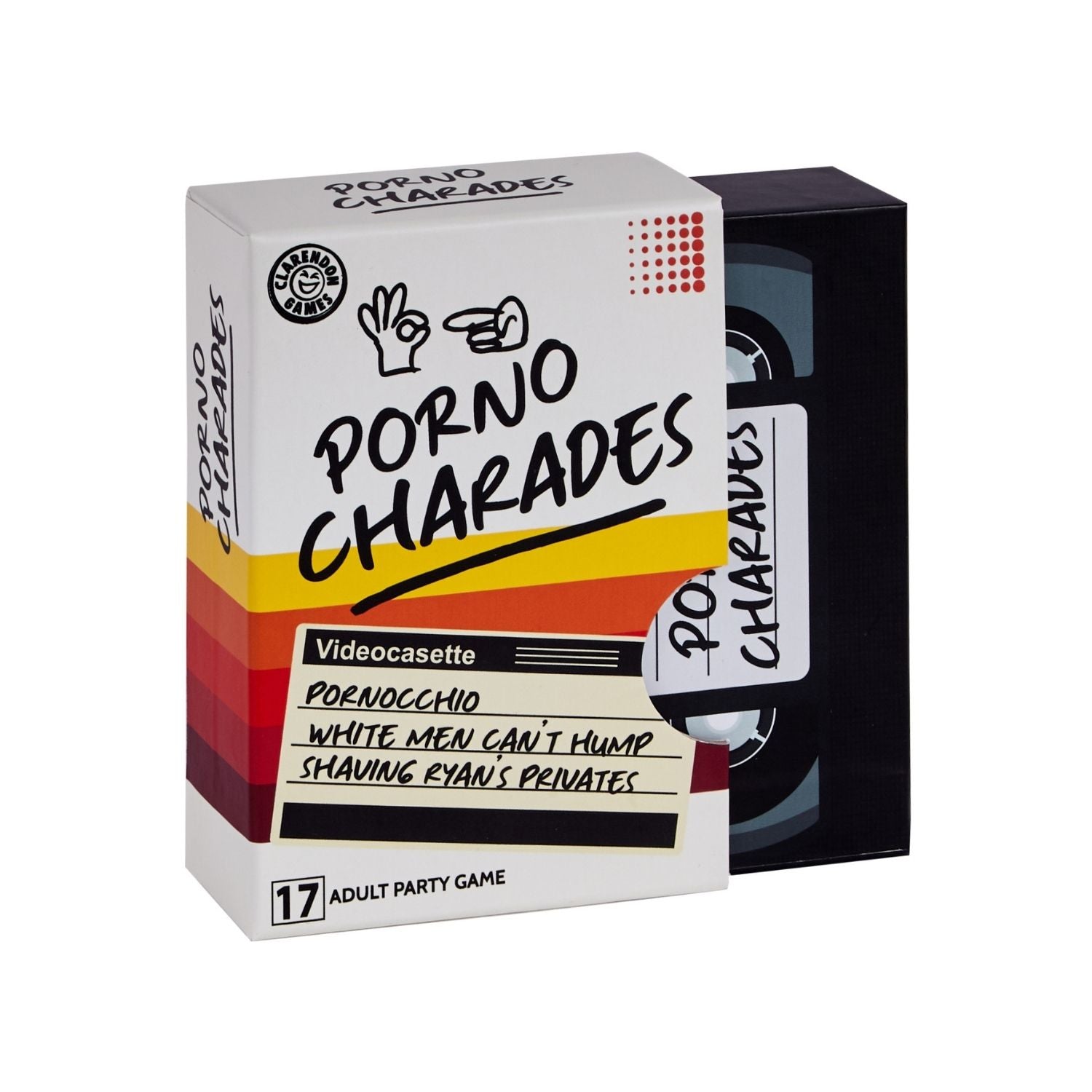 The image shows a boxed adult party game called 'Porno Charades' with a humorous porno-themed title written on the cover. The box is designed to look like a VHS tape, with a colorful background and bold text.