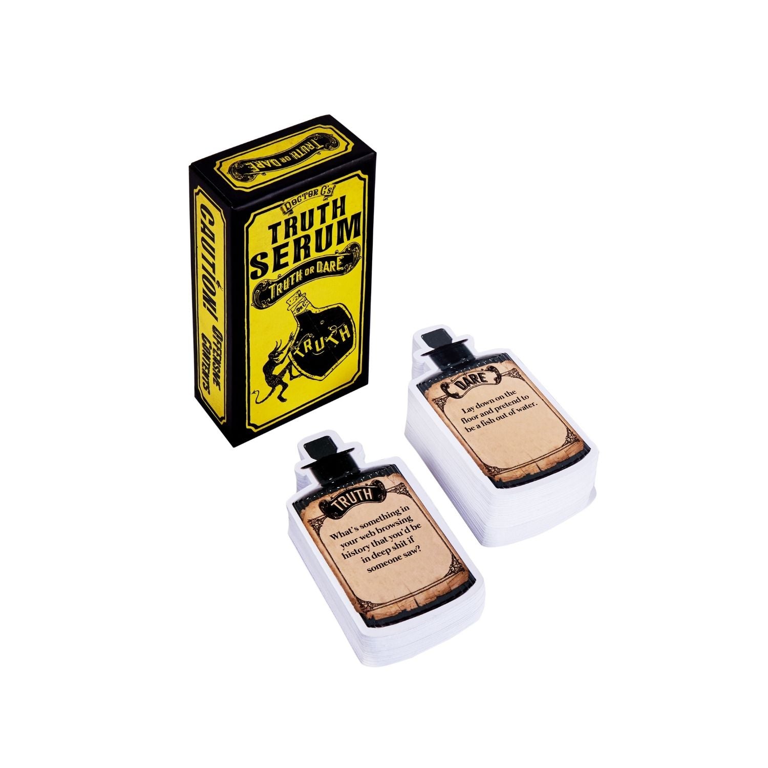 The image shows a set of 'Truth Serum' cards, with one cardboard box and two bottles, labeled 'Truth Serum' and 'The Truth', placed next to each other.