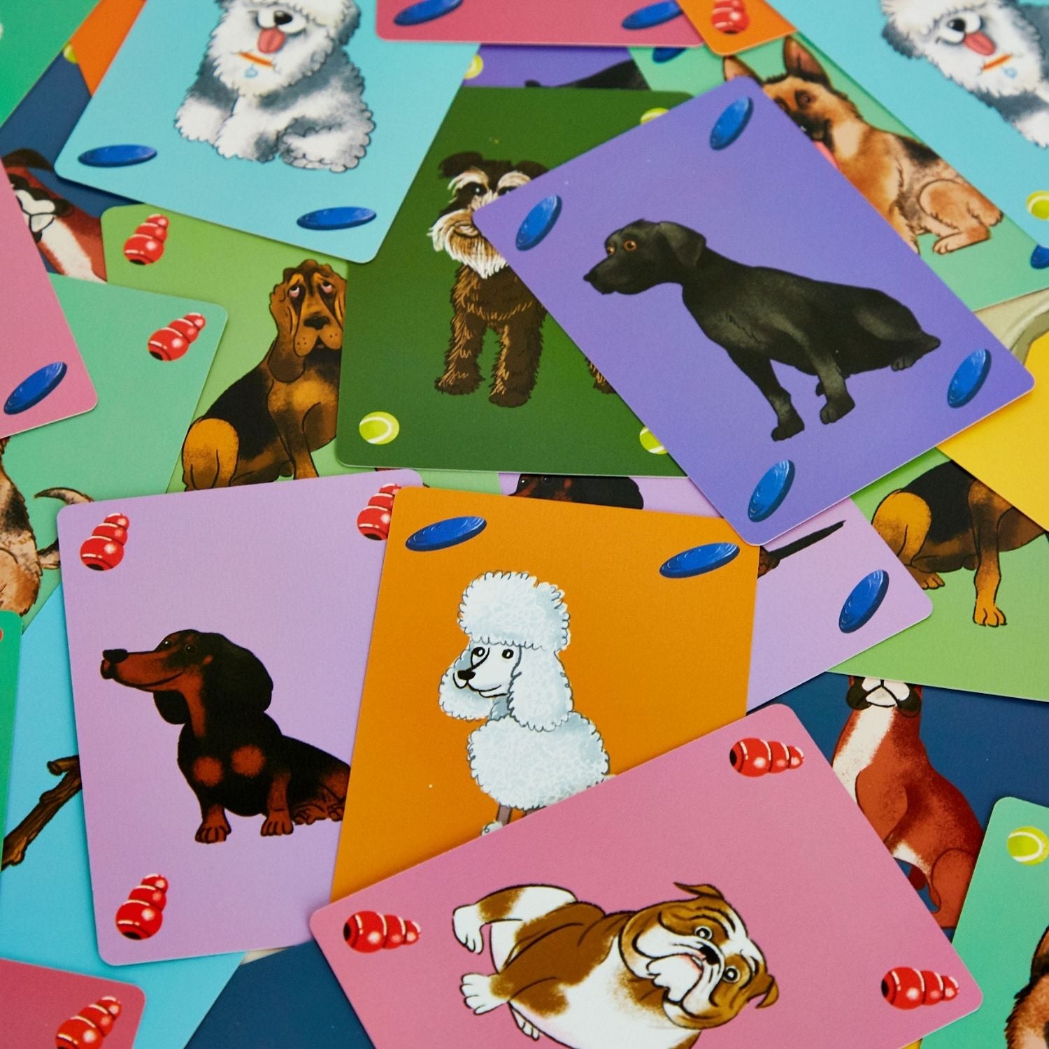 A boxed card game titled 'PanDogMonium' featuring colorful illustrations of dogs and dog toys on a blue background.