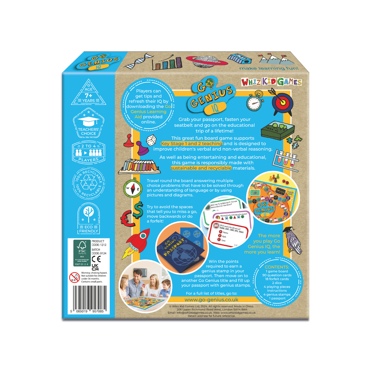Back view of a children&#39;s educational board game packaging with colorful graphics and text.