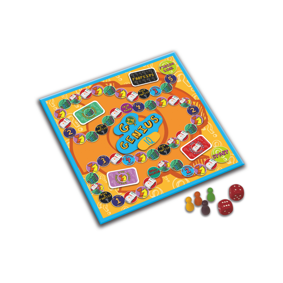 Board game titled &#39;Genius&#39; with colorful components on a white background