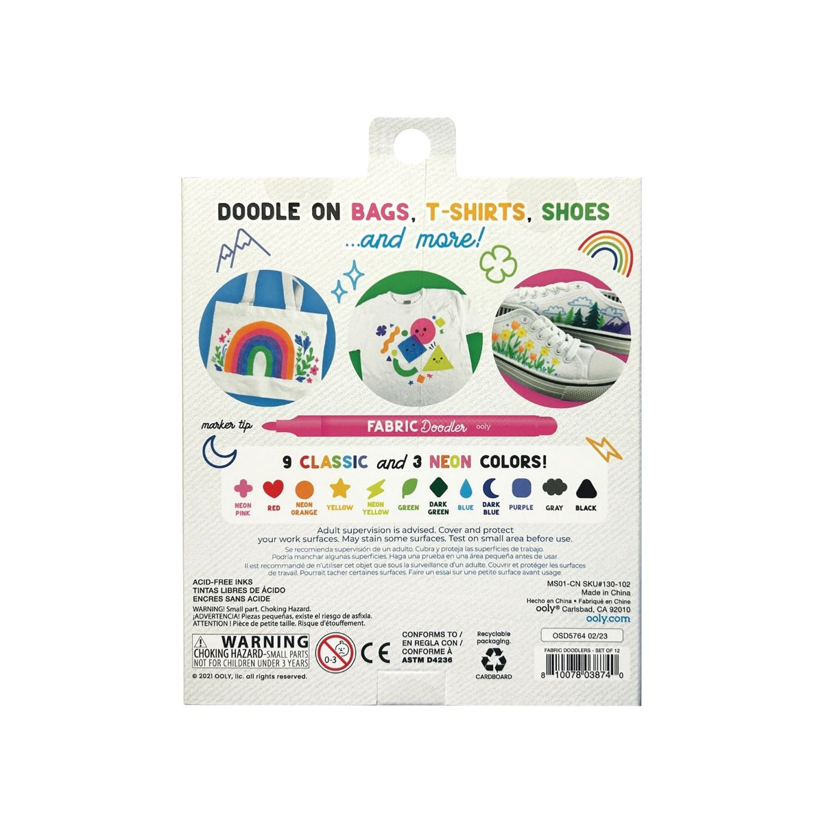 Fabric marker packaging with illustrations of doodles on bags, t-shirts, and shoes.