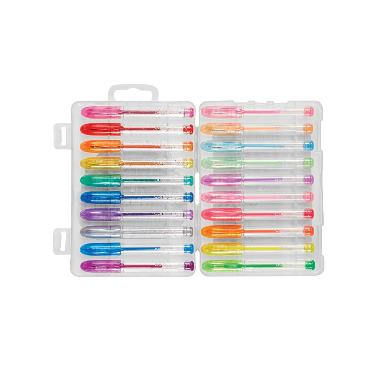 Set of colorful markers in a clear case on a white background