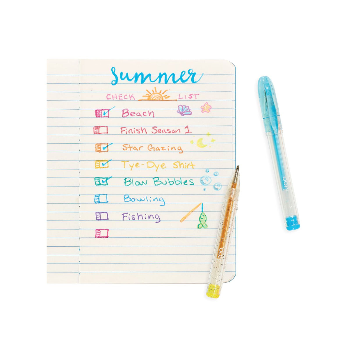 Notebook with a &#39;Summer&#39; check list and two pens on a white background