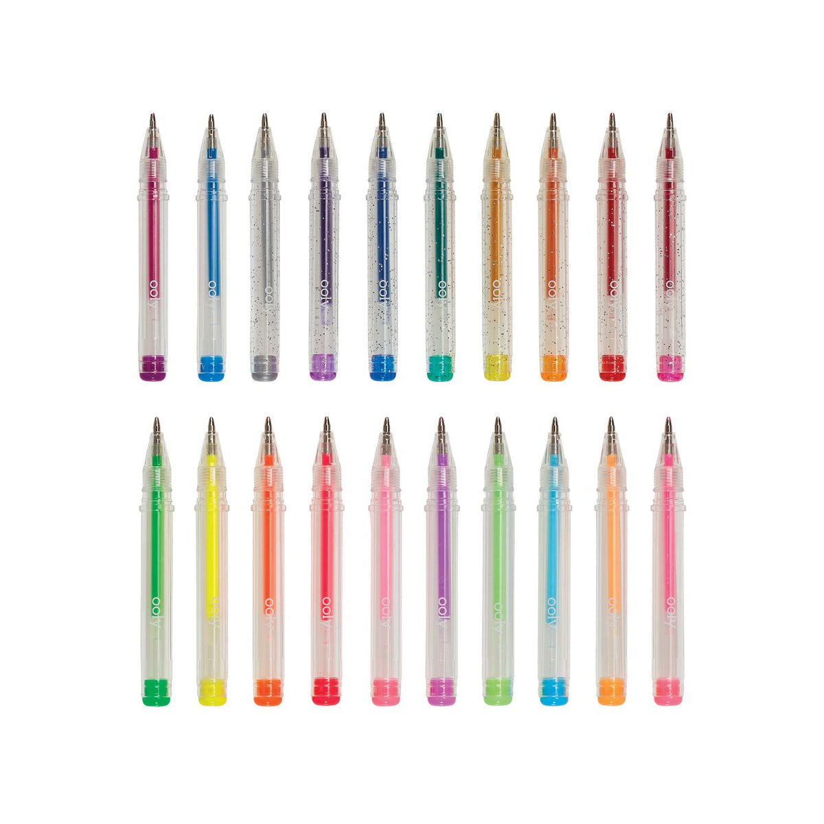 Set of colorful pens with visible brand name on a white background