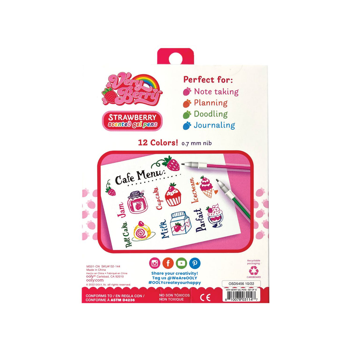 Packaging of Strawberry Shortcake count &amp; gel pens with a sample drawing on a white background