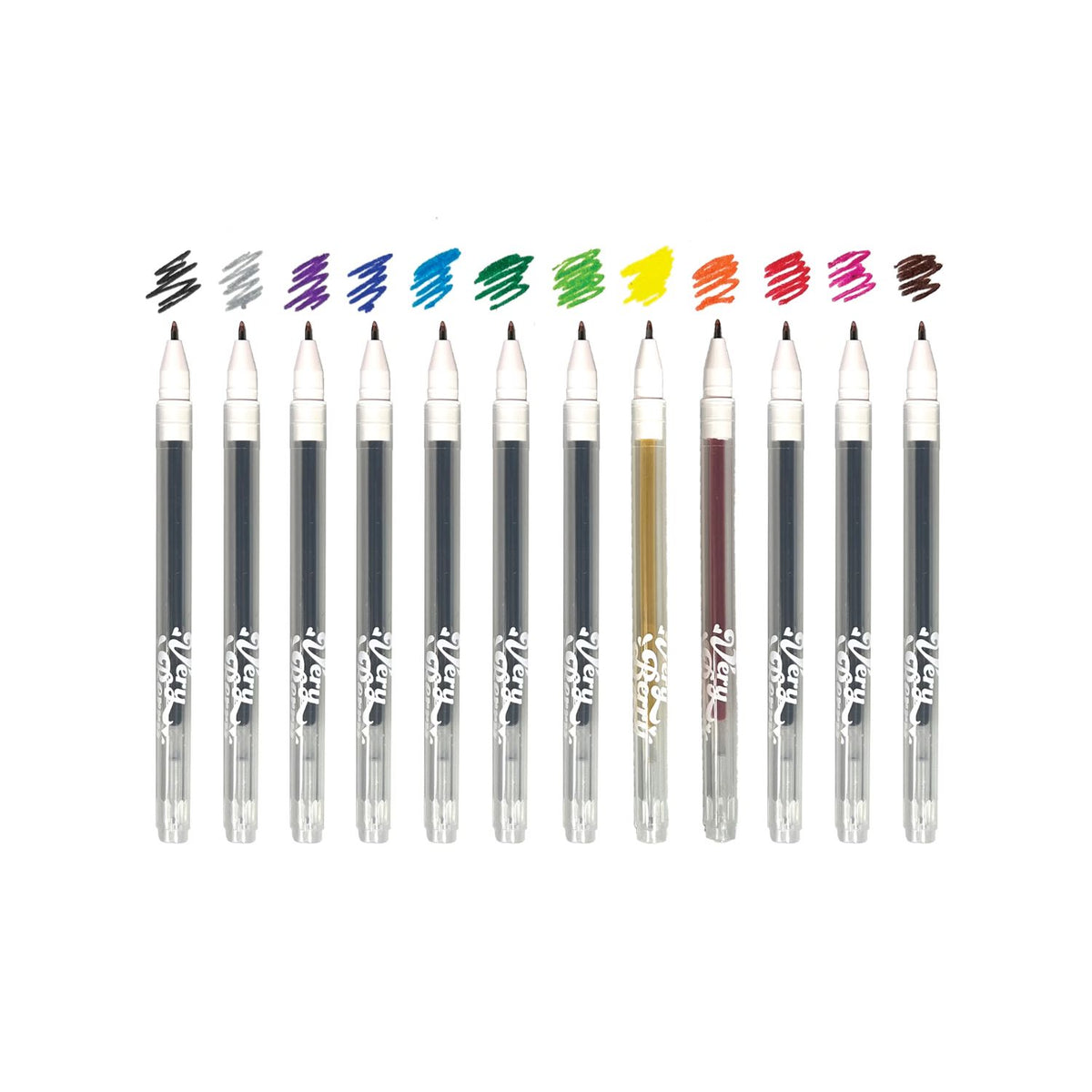 Set of pens with colored tips on a white background