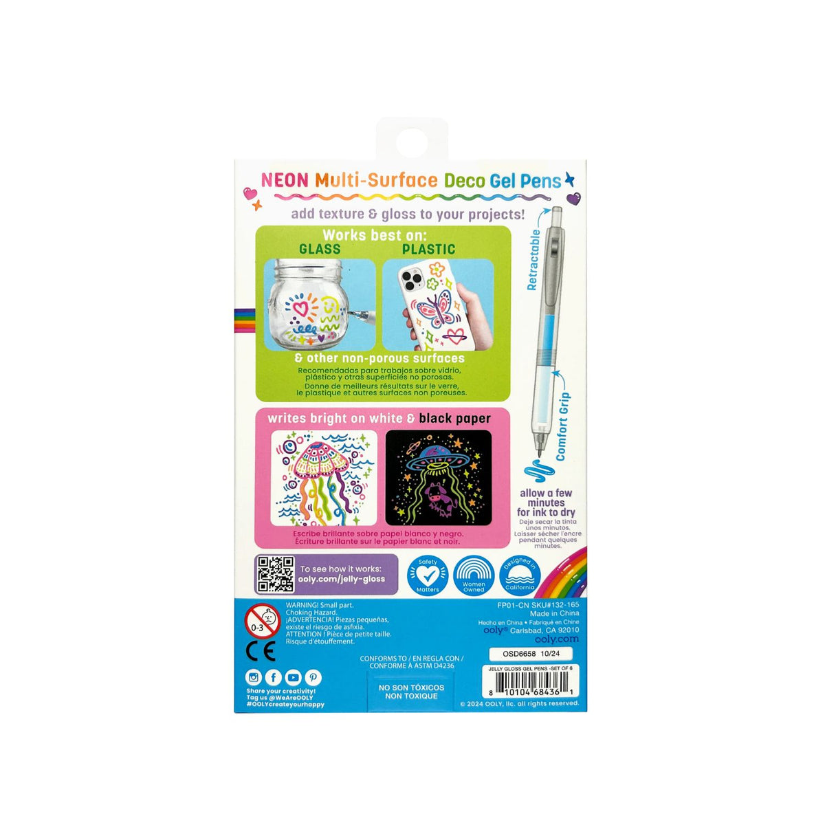 Neon multi-surface deco gel pen packaging with text and images on a white background