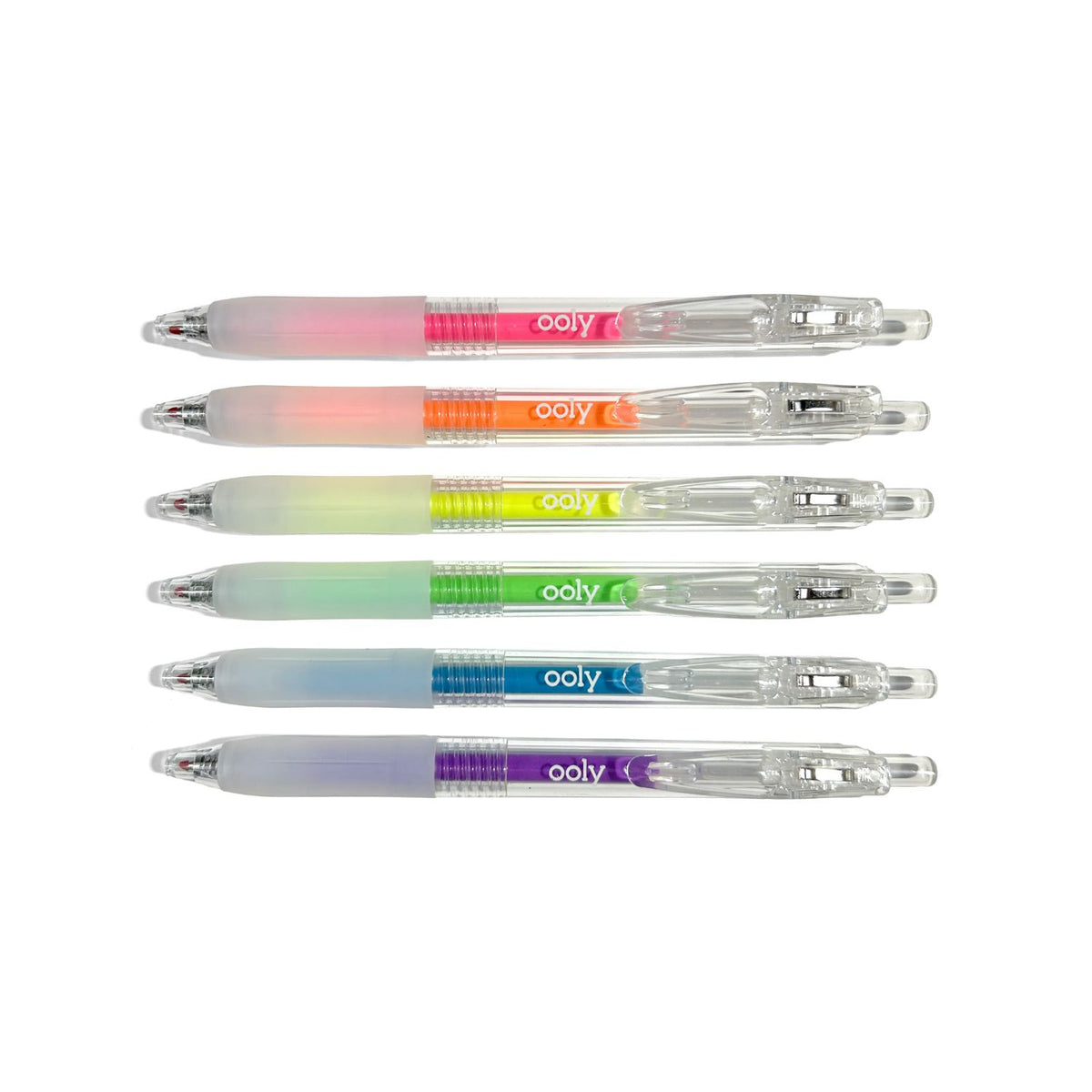 Set of six colorful pens with visible &#39;oly&#39; branding on a white background