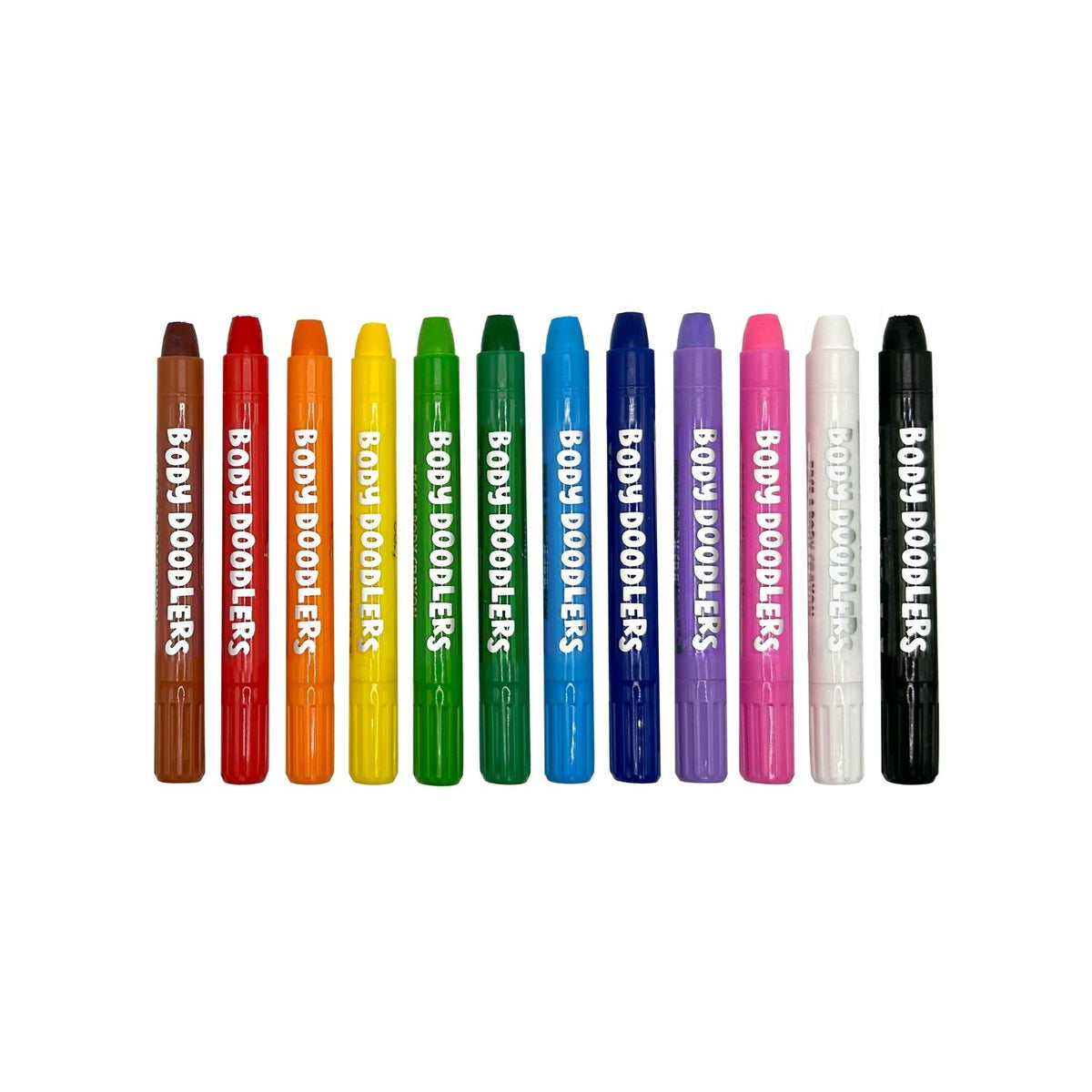 Row of Body Doodlers markers in various colors on a white background
