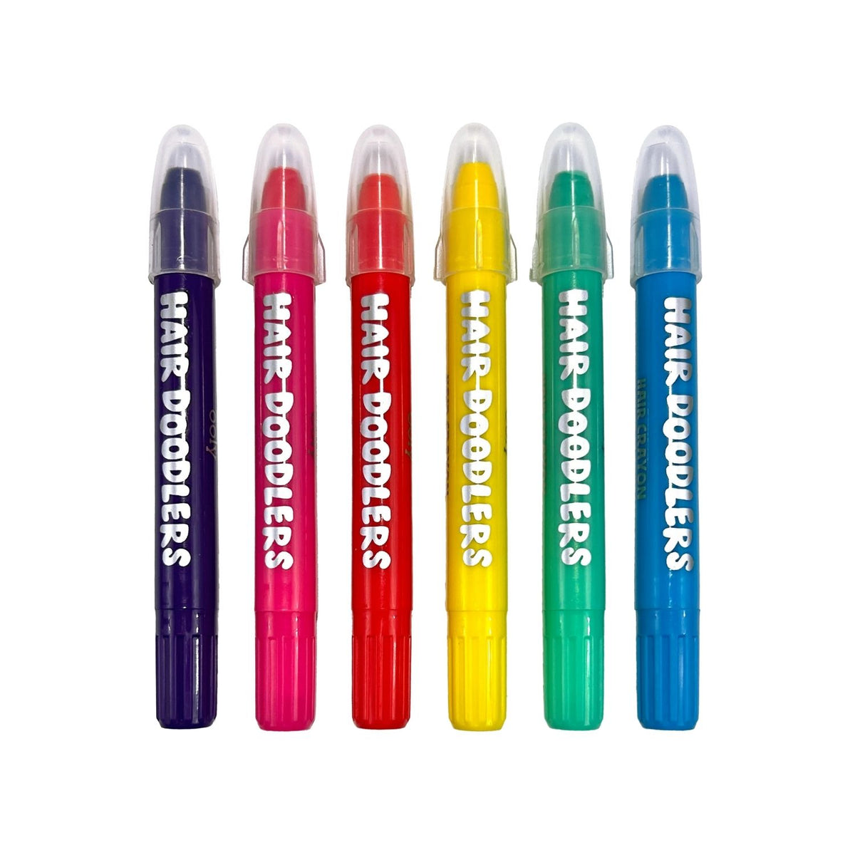 Set of six colorful hair color markers with &#39;Hair Doodlers&#39; branding on a white background.