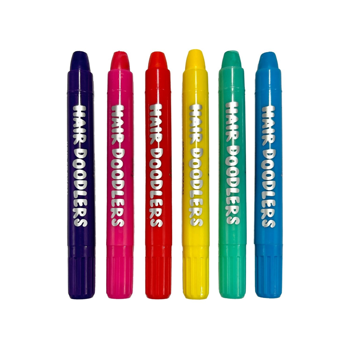 Set of six colorful markers labeled &#39;Hair Doodlers&#39; on a white background