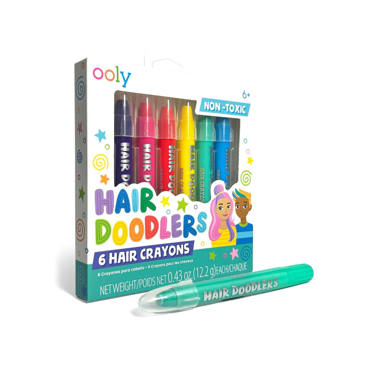 Box of Ooly Hair Doodlers hair crayons with a single crayon in front on a white background