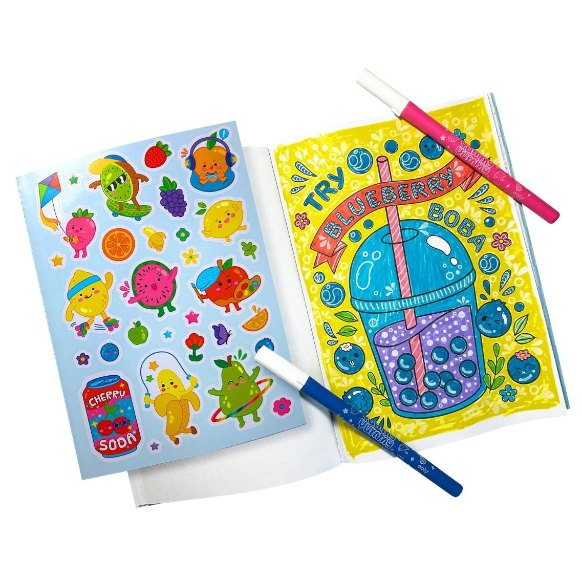 Brightly coloured fruit-scented markers and stickers from a kids colouring kit. Safe, non-toxic, and ideal for children who love sensory arts and crafts.