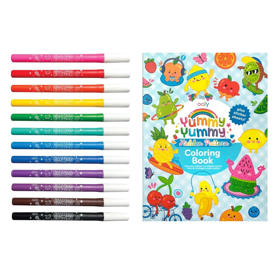 Brightly coloured fruit-scented markers and stickers from a kids colouring kit. Safe, non-toxic, and ideal for children who love sensory arts and crafts.