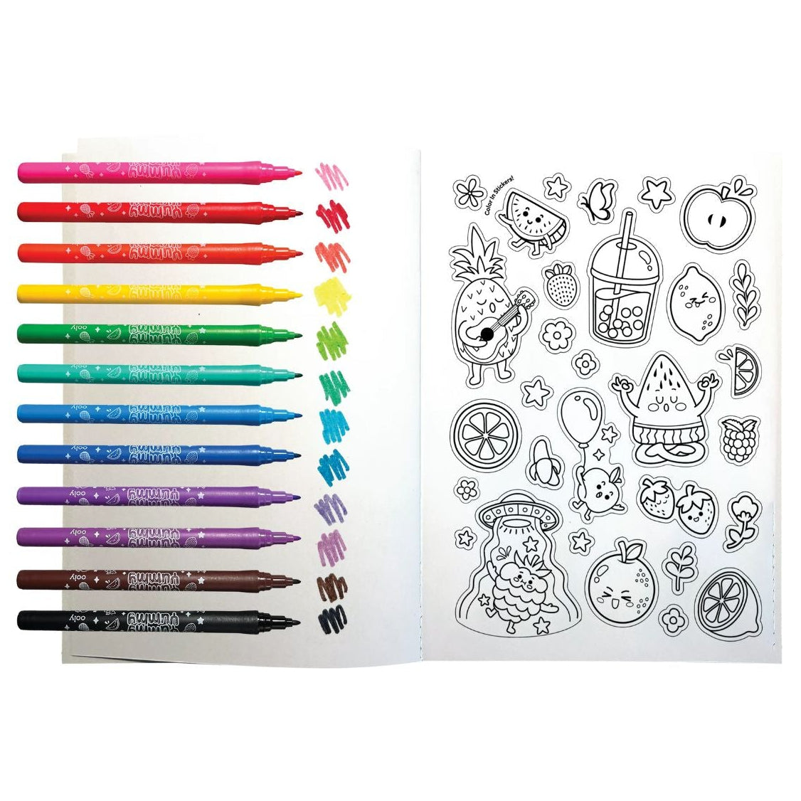 Includes a set of ten fruit-scented markers, over one hundred stickers as well as stickers for you to colour in