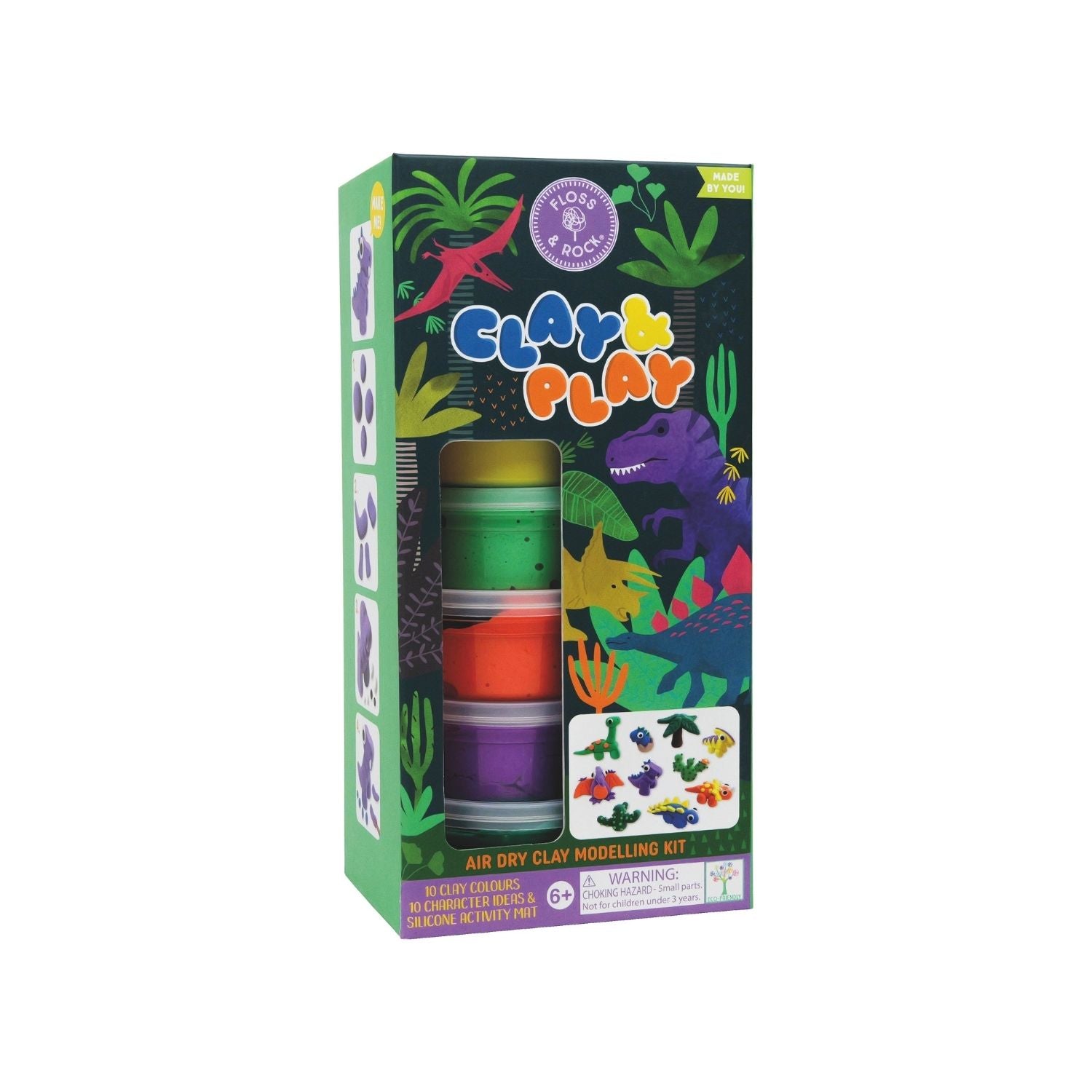 Packaging for 'Clay & Play' dinosaur craft kit, featuring colorful clay pots and dinosaur shapes, with a wooden stylus tool and a silicone mat depicted.