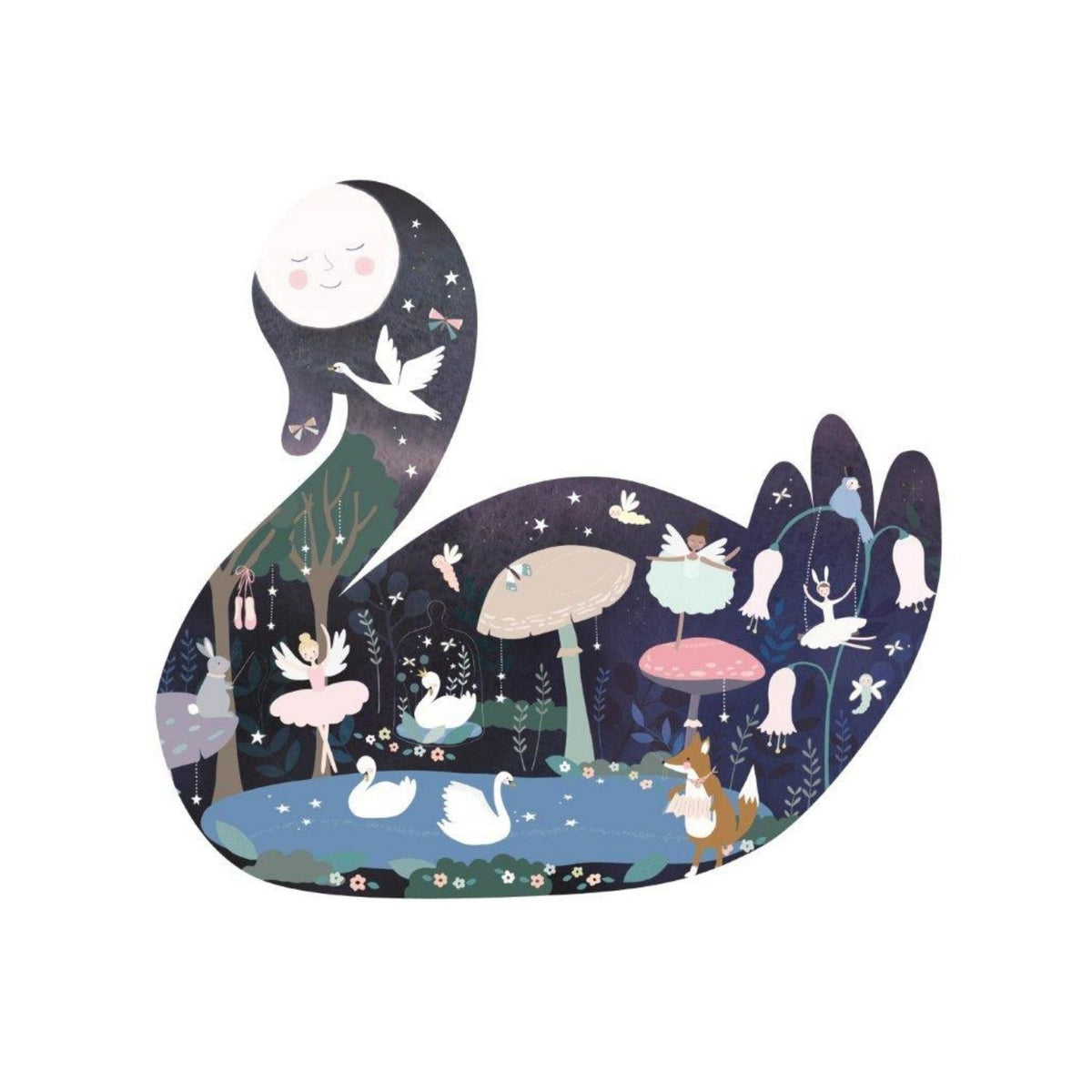 Illustration of a crescent moon with a forest scene inside, featuring swans and mushrooms.