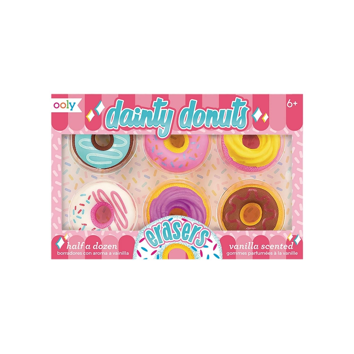 A package of 'Dainty Donuts' scented erasers by ooly, containing six different colored donut-shaped erasers, each with a vanilla scent.
