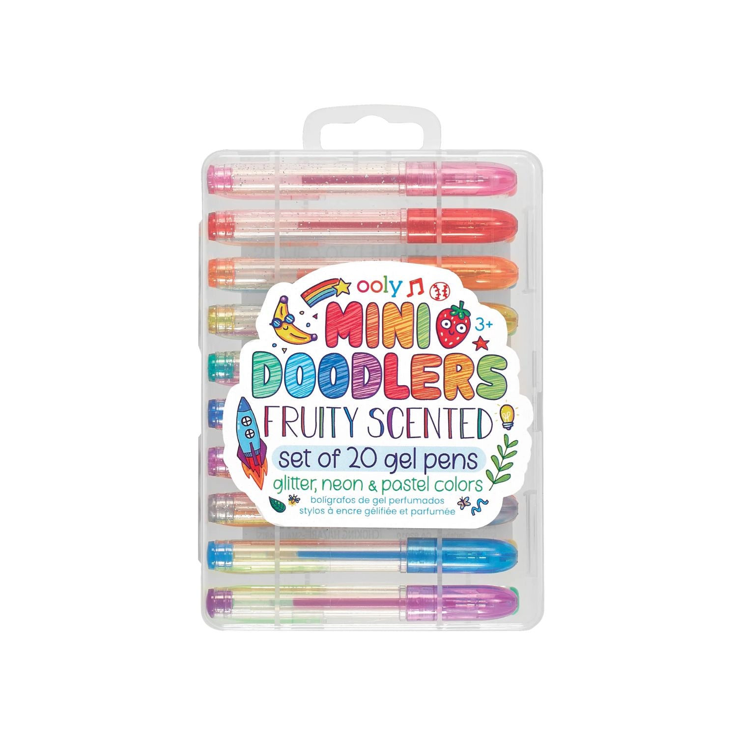 Set of 20 mini doodlers fruity scented gel pens in packaging on a white background