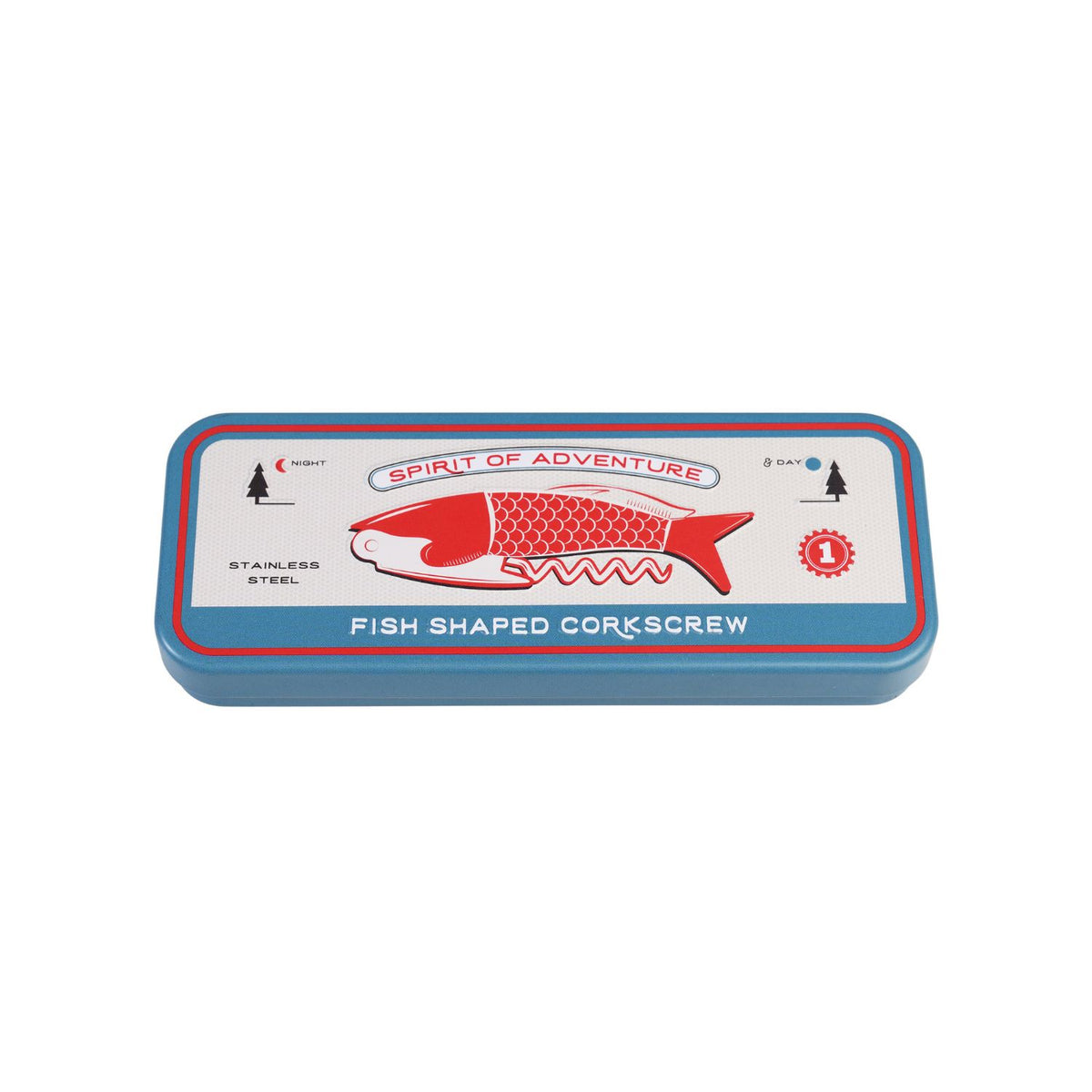Fish-shaped corkscrew in a tin with &#39;Spirit of Adventure&#39; text on a white background