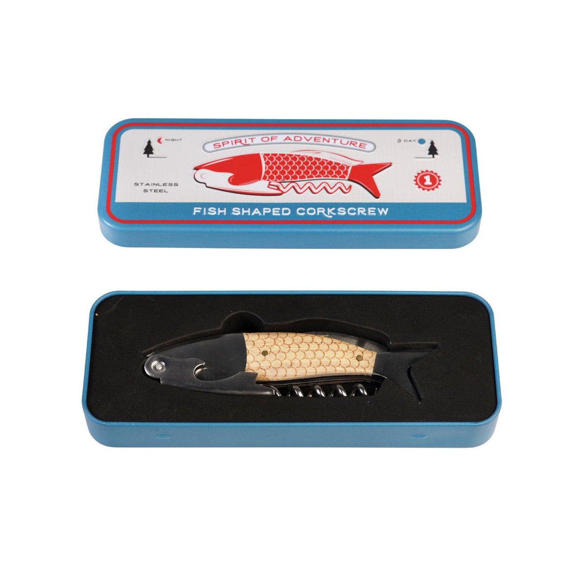 Fish-shaped cork screw in a blue box with a red and white label on a white background