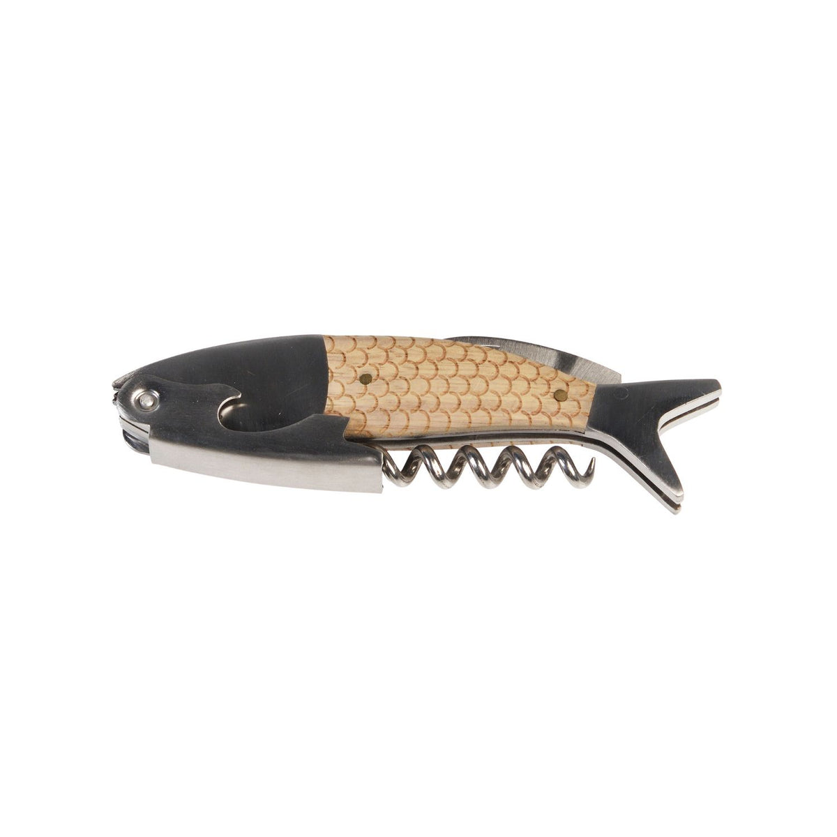 Fish-shaped corkscrew with cork on a white background