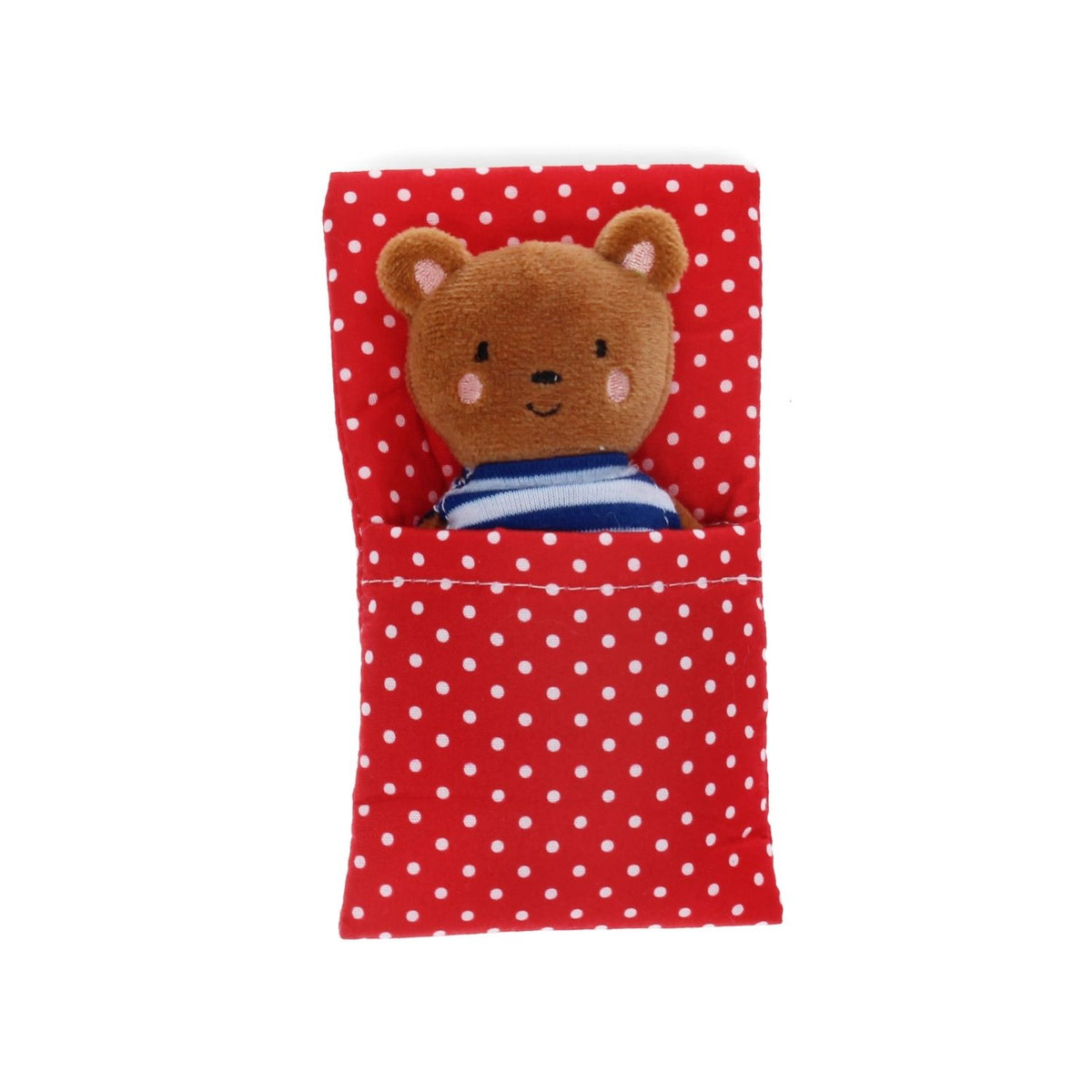 Plush teddy bear in a red polka dot bag on a white background