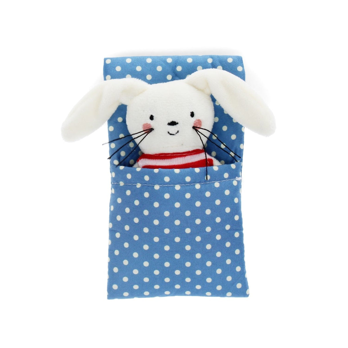 Plush rabbit toy peeking out from a blue polka dot pocket on a white background