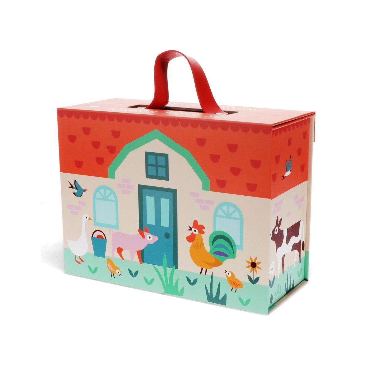 Children&#39;s toy box with farm animal design on a white background