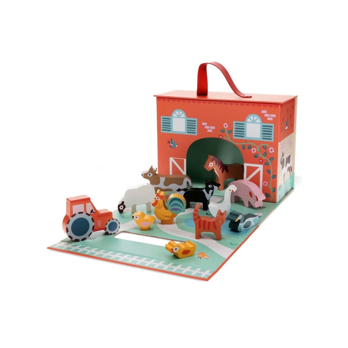 Children&#39;s toy set with farm animals and a barn-shaped box on a white background