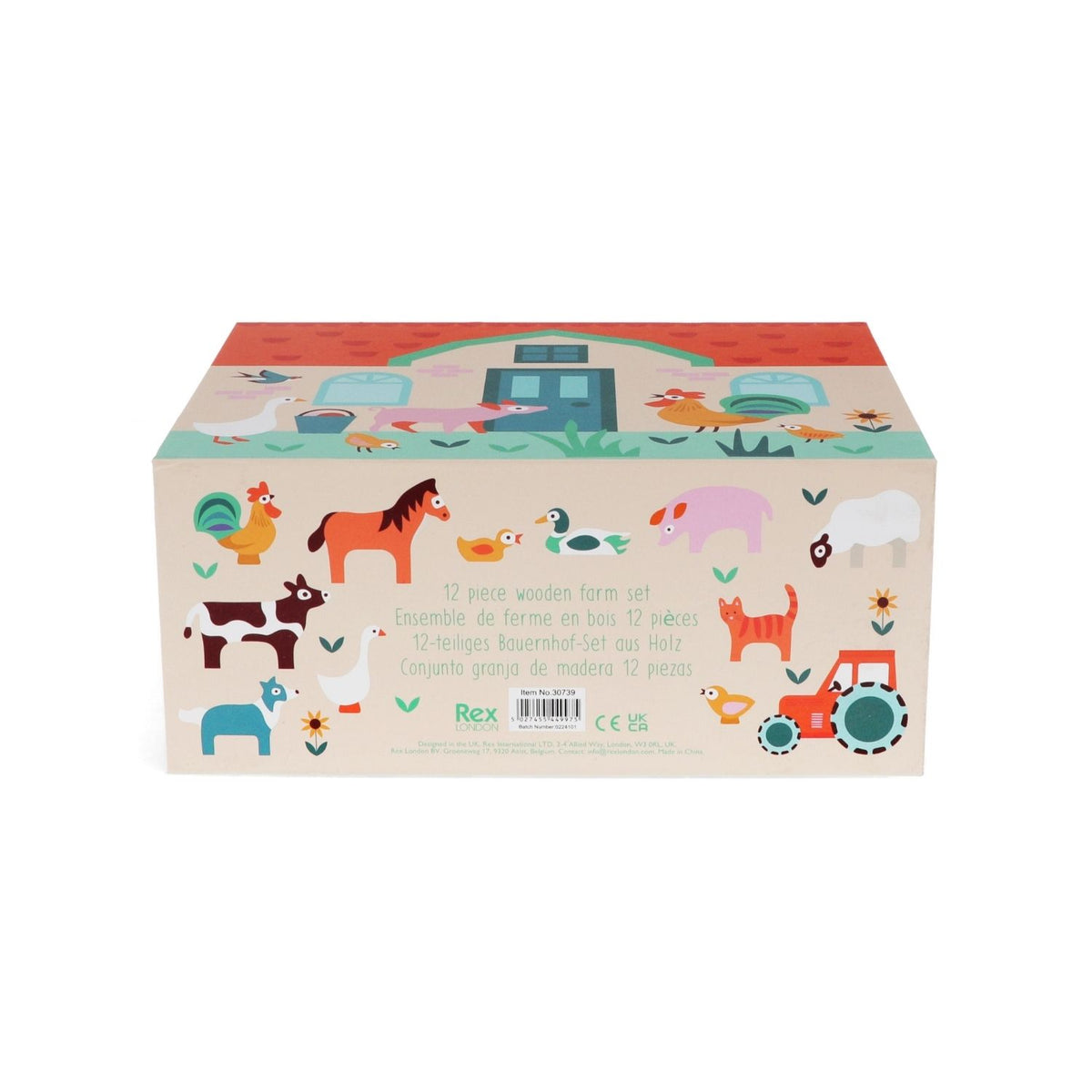 Children&#39;s toy box with farm-themed illustrations on a white background